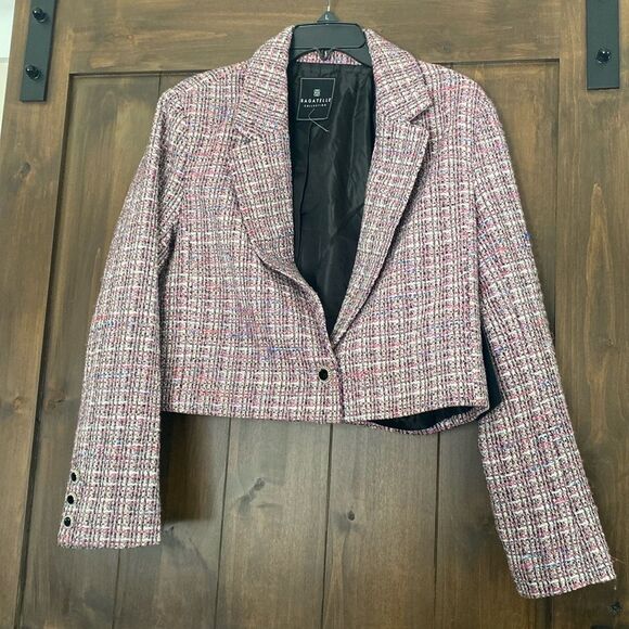 bagatelle Jackets & Blazers - 335A) Bagatelle Tweed Pink Black Off White Cropped Single Button Blazer Sz 14